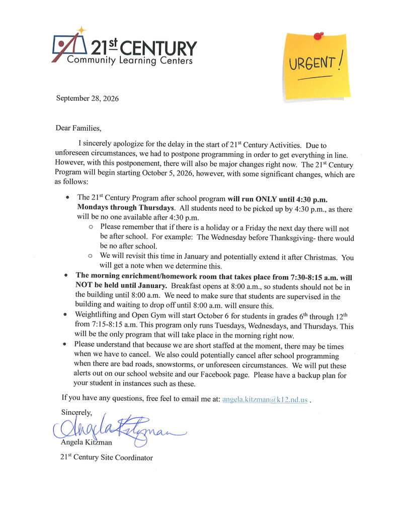 Letter regarding 21st Century Programming
