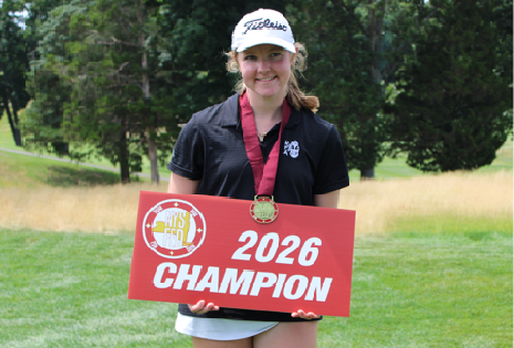 Rome Free Academy junior Rachel O'Rourke smiles while holding the NYS High School Federation Girls Golf Championship sign.