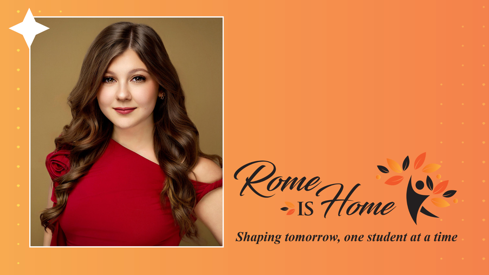 A graphic featuring a headshot of Isabella Occhipinti and the "Rome is Home: Shaping tomorrow, one student at a time" logo.