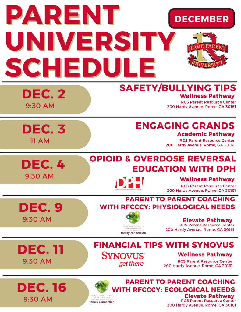 parent university december schedule