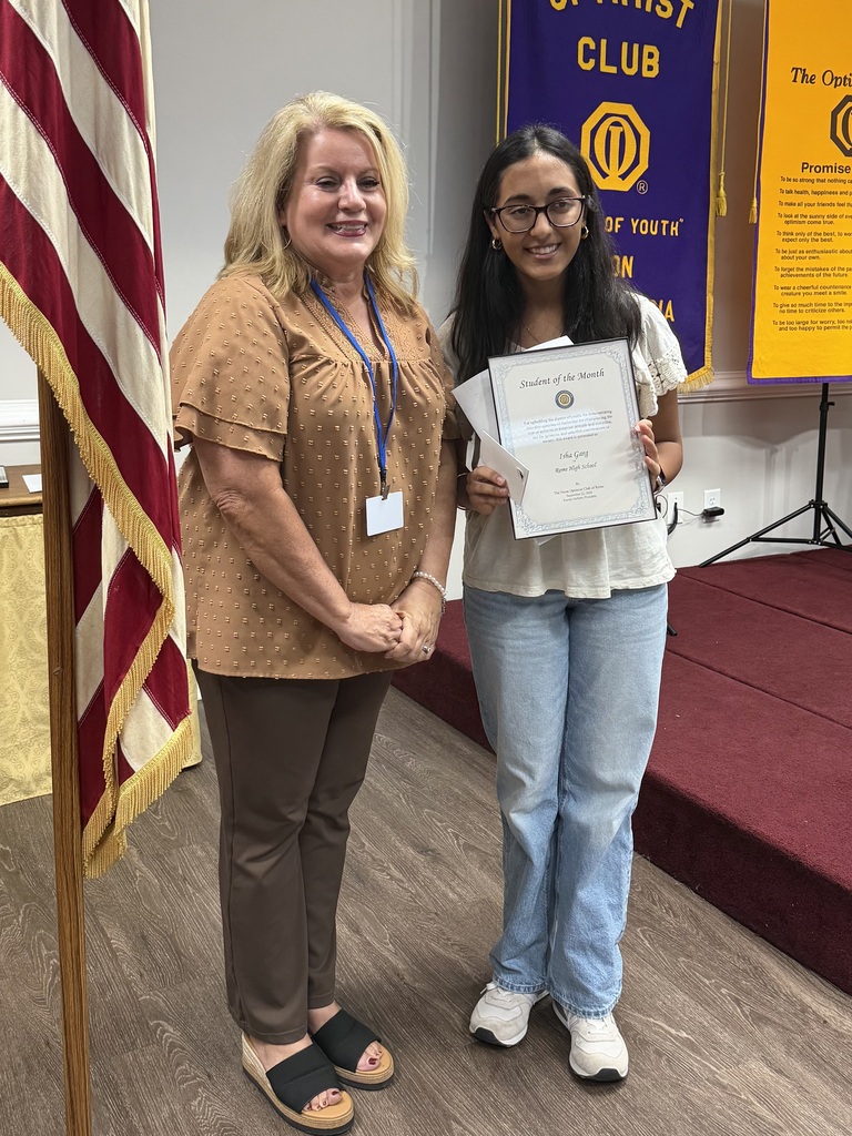 Isha Garg received the Noon Optimist September Student of the Month award for Rome High School.