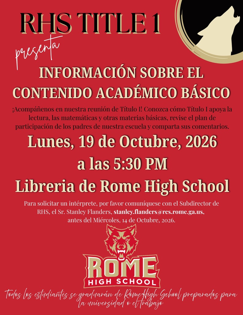 Please join us for our annual Title I parent training on October 19, 2026 at 5:30 p.m. in the RHS Media Center. The topic of discussion will be Core Content Information Resource Training.