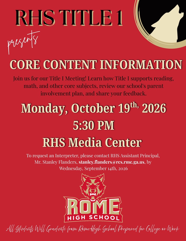 Please join us for our annual Title I parent training on October 19, 2026 at 5:30 p.m. in the RHS Media Center. The topic of discussion will be Core Content Information Resource Training.