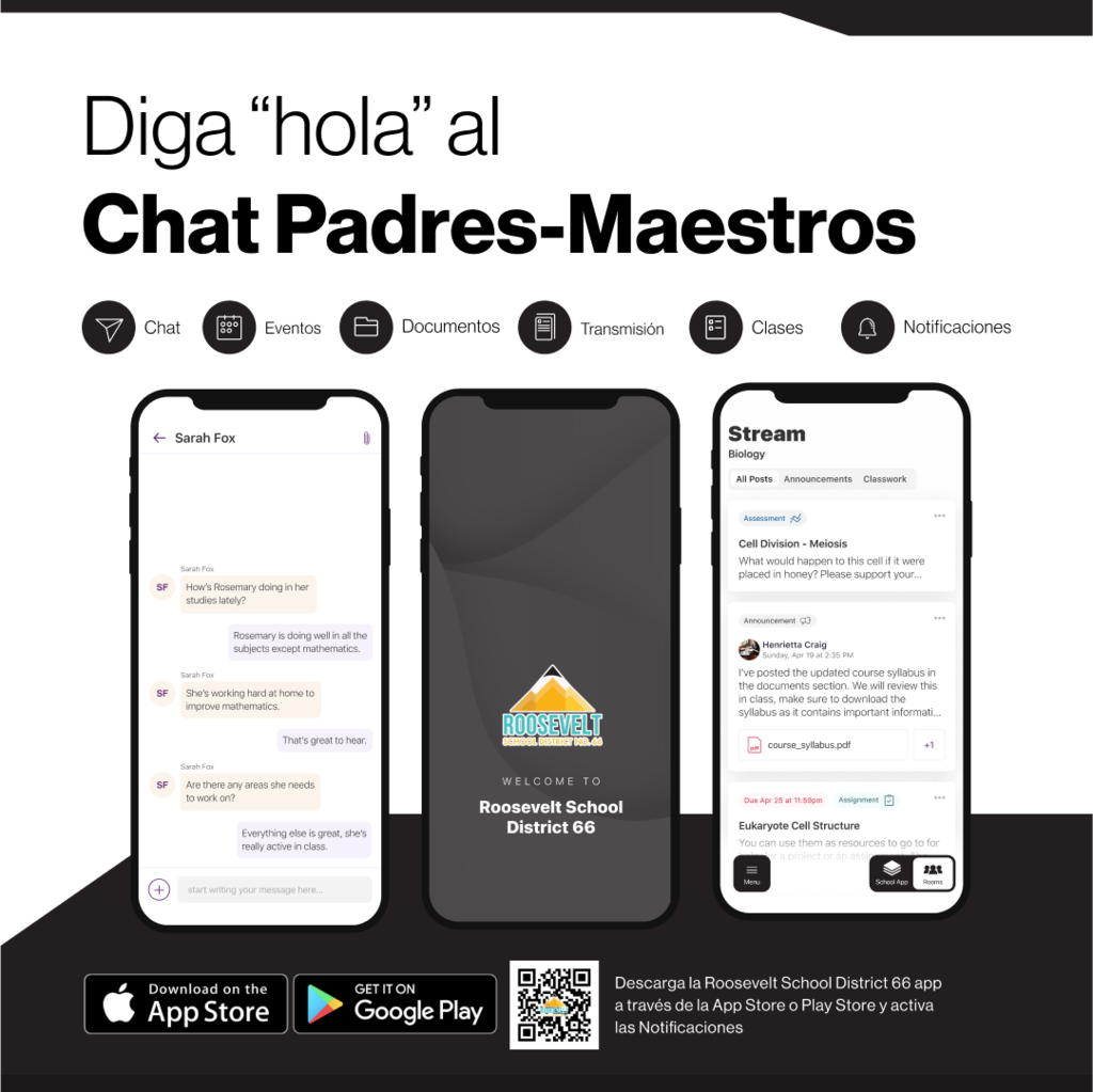 Image of the Roosevelt School District 66 app with text "Say Hello to Parent Teacher Chat"