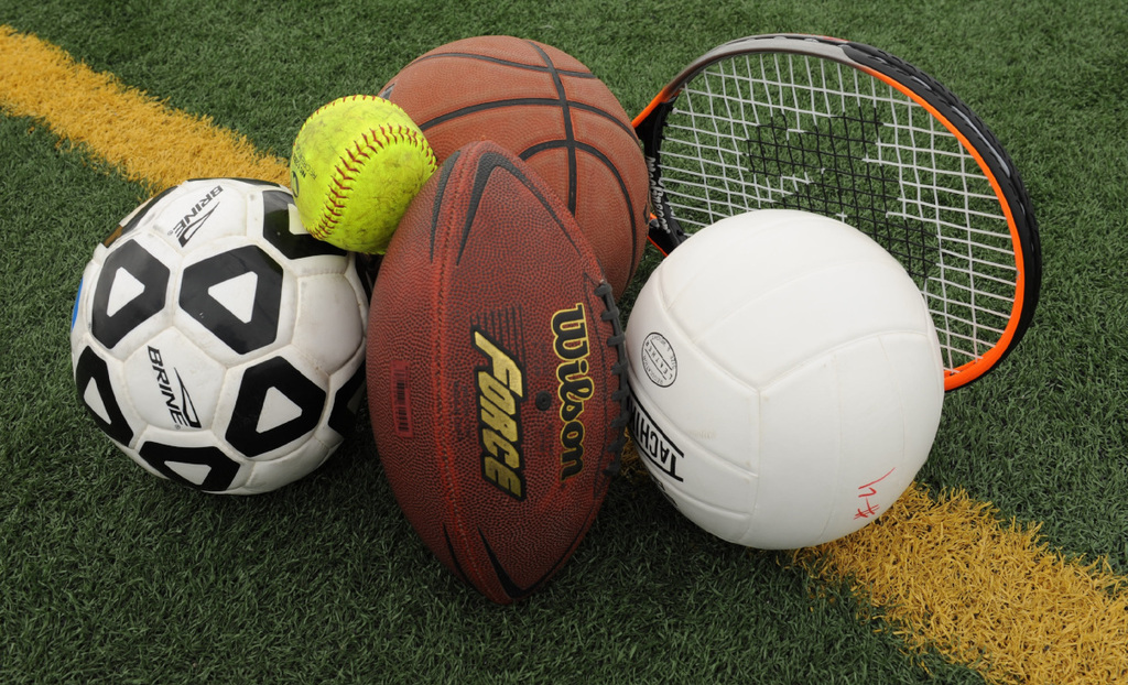 A picture of different sports equipment