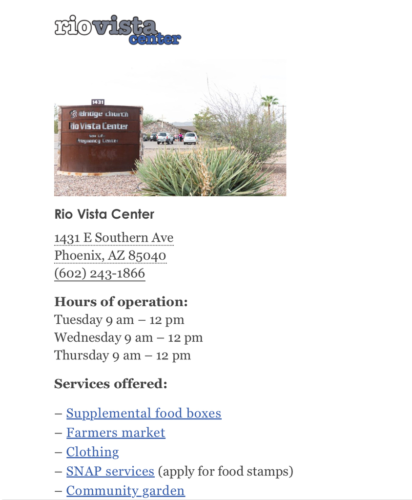 1 Free Food Box a month at Rio Vista Center