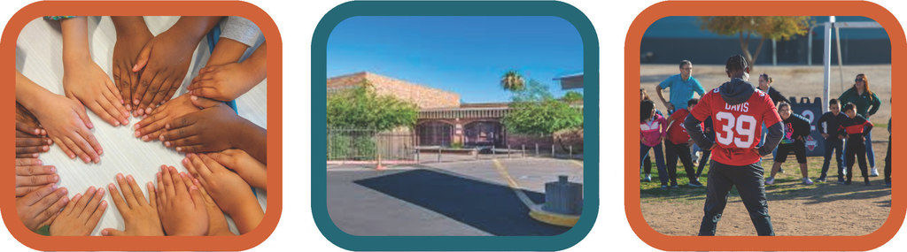 A set of three images. On the left is a group of different hands together on a table. In the middle is the front of Maxine O. Bush School. On the right is a man wearing a football jersey with the name Davis and number 39 leading a group of kids in an exercise.