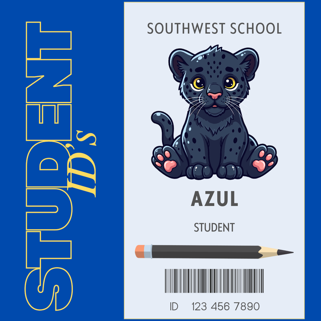 Picture of a student ID with a picture of a panther and the ID says. Student ID's . Southwest School. Azul student.