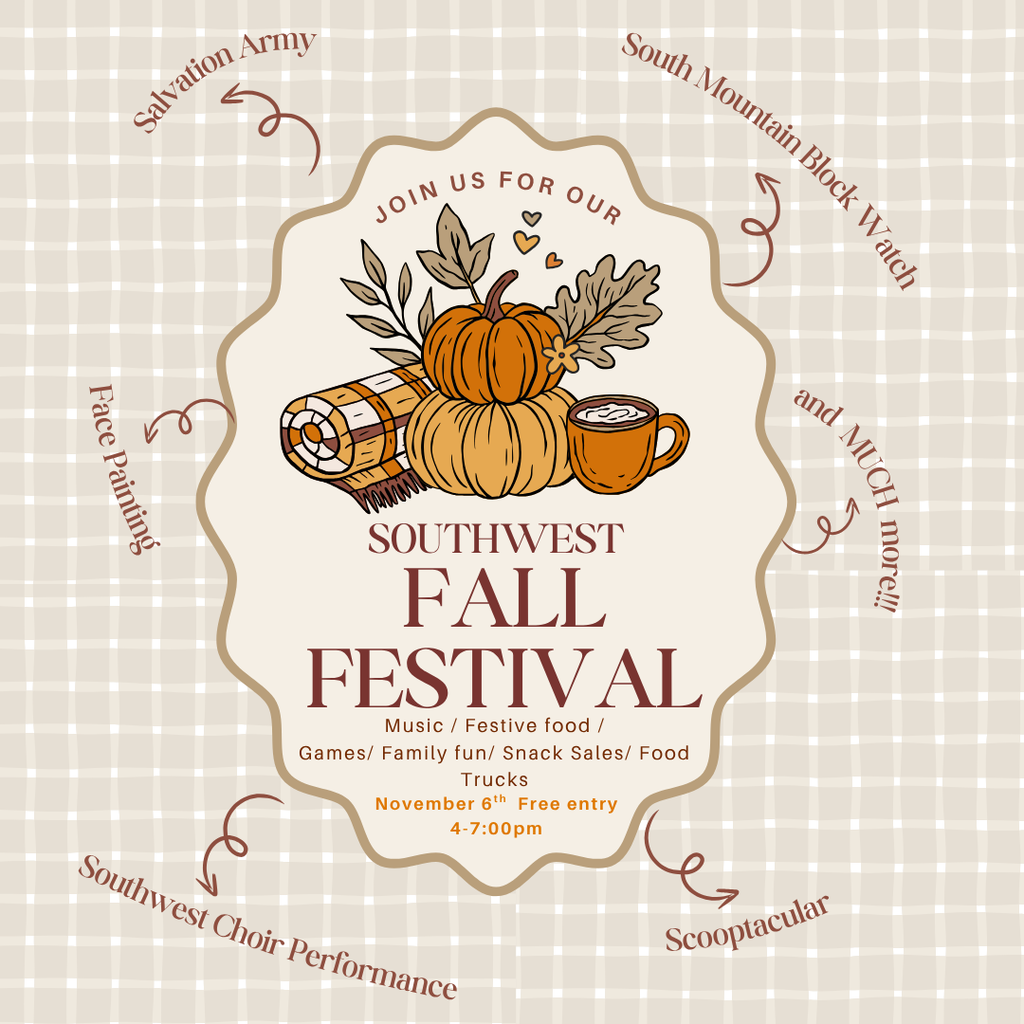 Picture of pumpkins, a blanket and says: Join us for our Southwest Fall Festival music, festive food, games, family fun, snack sales, food trucks, November 6th Free Entry from 4-7pm