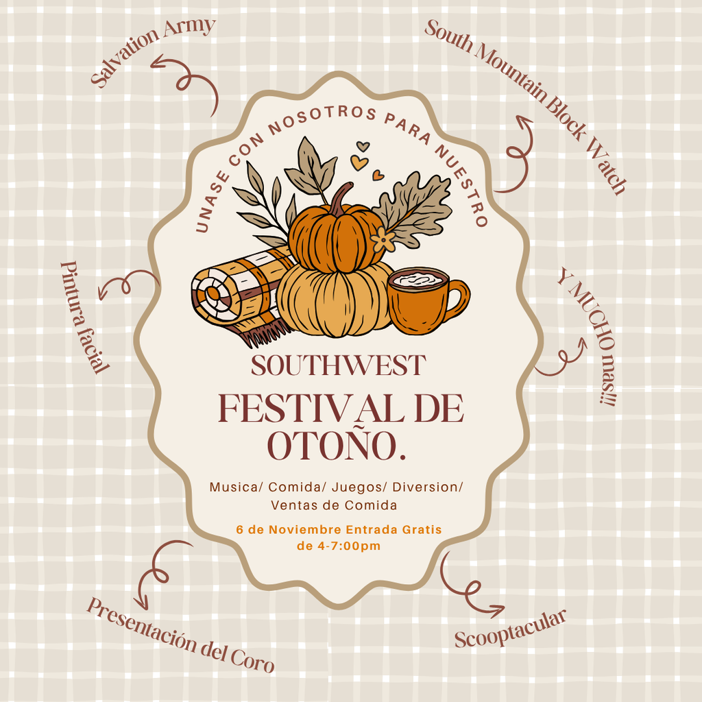 Picture of pumpkins, a blanket and says: Join us for our Southwest Fall Festival music, festive food, games, family fun, snack sales, food trucks, November 6th Free Entry from 4-7pm