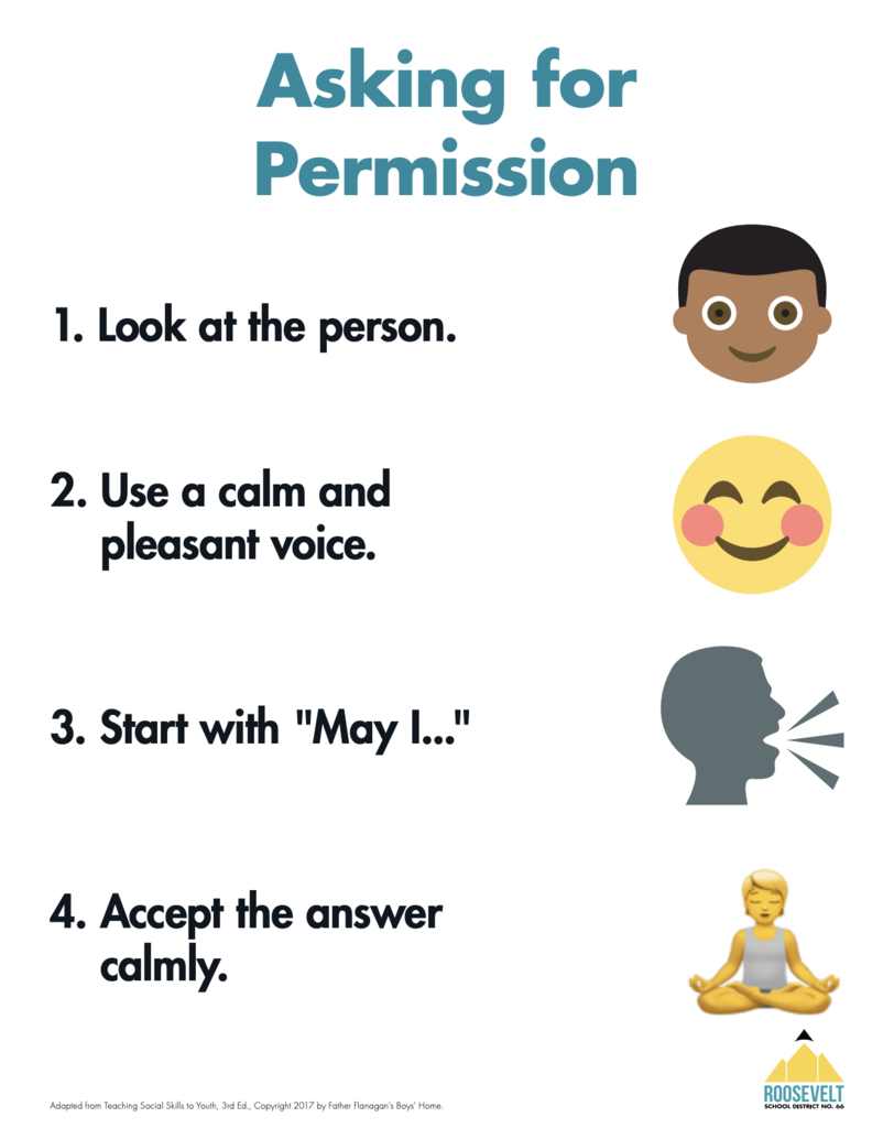 Asking for Permission: 1. Look at the person. 2. Use a calm and pleasant voice. 3. Start with "May I..." 4. Accept the answer calmly.