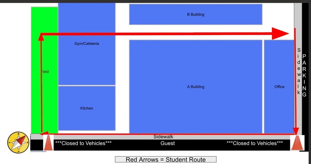 School Map With red ARROWS showing the directions students will walk in the Parade