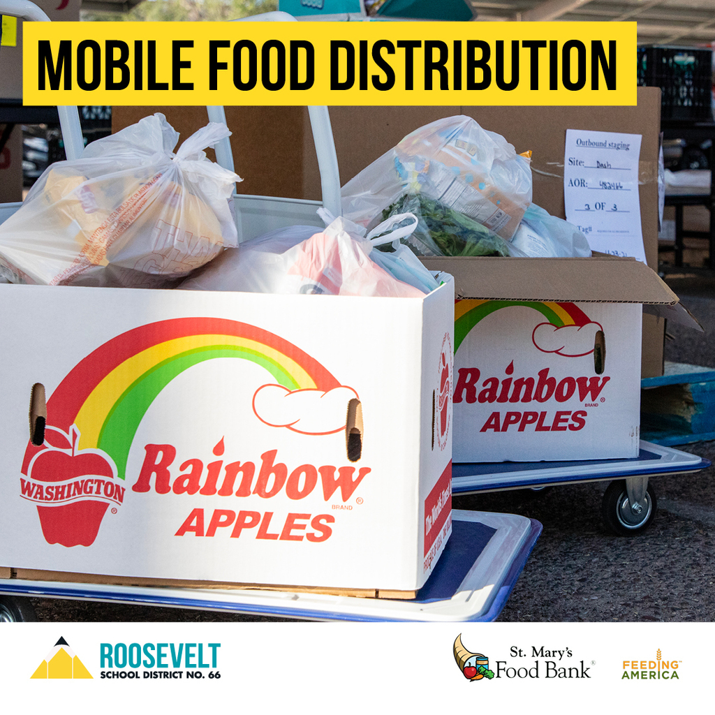 An image of packaged food boxes with the words "Mobile Food Distribution" highlighted in gold.
