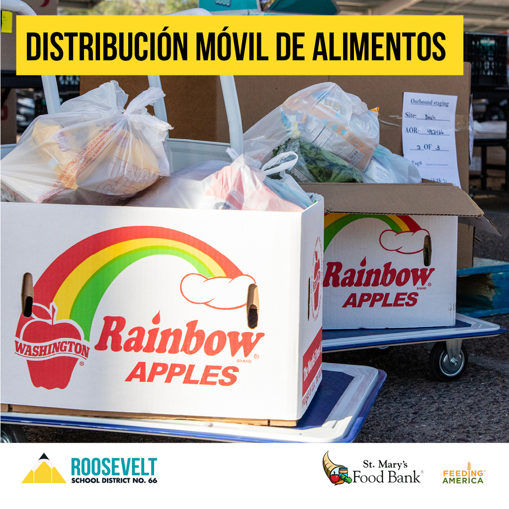 An image of packaged food boxes with the words "Distribución Móvil de Alimentos" highlighted in gold.