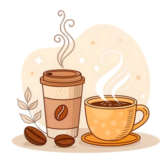 beige tones of a hot Coffee mug and cup with heat smoke illusion from each cup with two coffee beans on the side. 