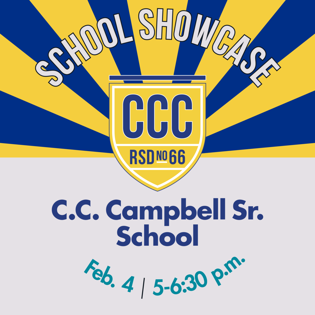 An image with yellow and blue alternating rays above a white field underneath the text “School Showcase Feb. 4 | 5:30-7 p.m.” and the C.C. Campbell Sr. logo.
