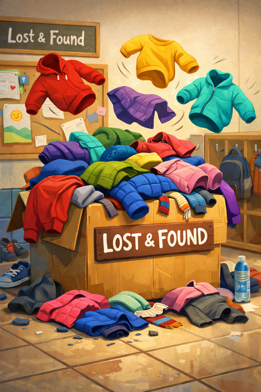 big pile of different color sweaters and jackets in a Card Board box. four flying sweaters a red, a purple, an organge and a blue one, with a brown sign on the front with white letters that say lost and found in capital letters. the box is in the middle of a room. on the right side of the box there is cubbies and hooks with a hanging backpack. A bullitin board on the left wall with hand drawings with a sun and mountains. and other small sticky notes.