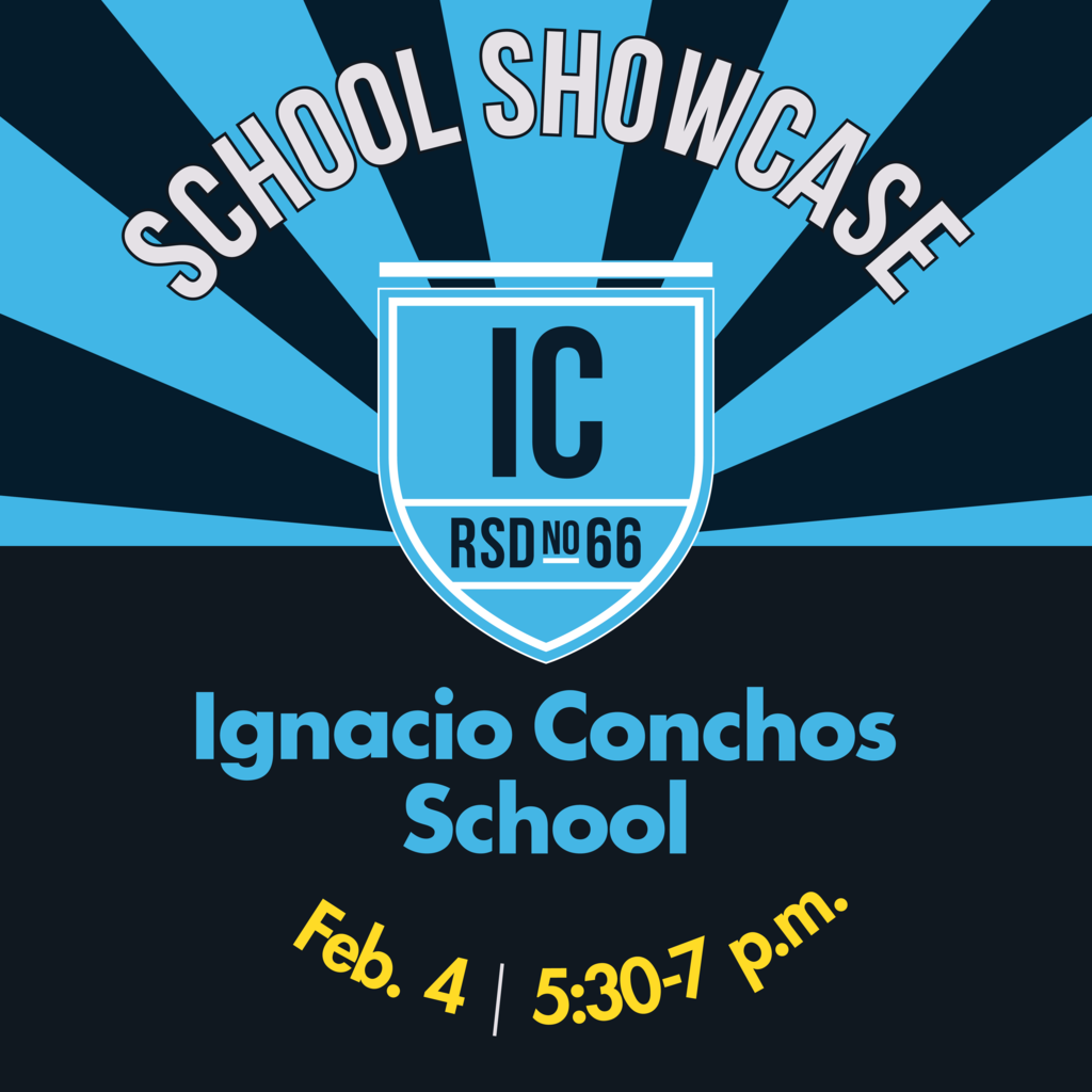 An image with blue and navy alternating rays above a black field underneath the text “School Showcase Feb. 4 | 5:30-7 p.m.” and the Ignacio Conchos logo.