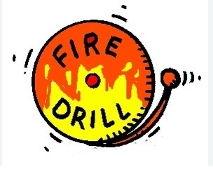 Animated red fire alarm with illusion of yellow flames and the words fire drill on the front