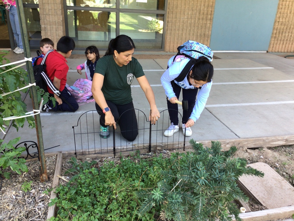 a girl and lady are staking in a fence to protect garden