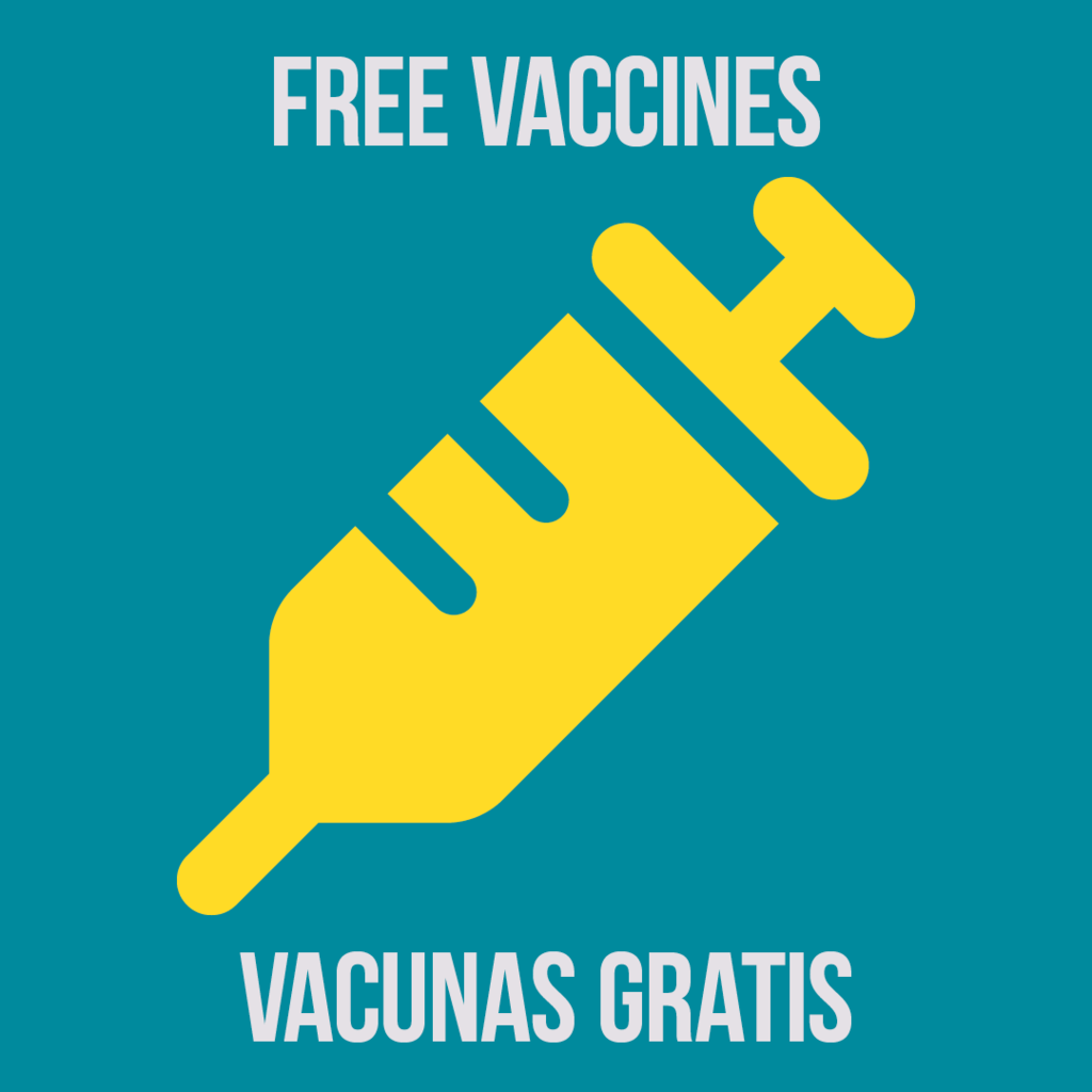 An illustration of a needle between the words "Free Vaccines" and "Vacunas Gratis"