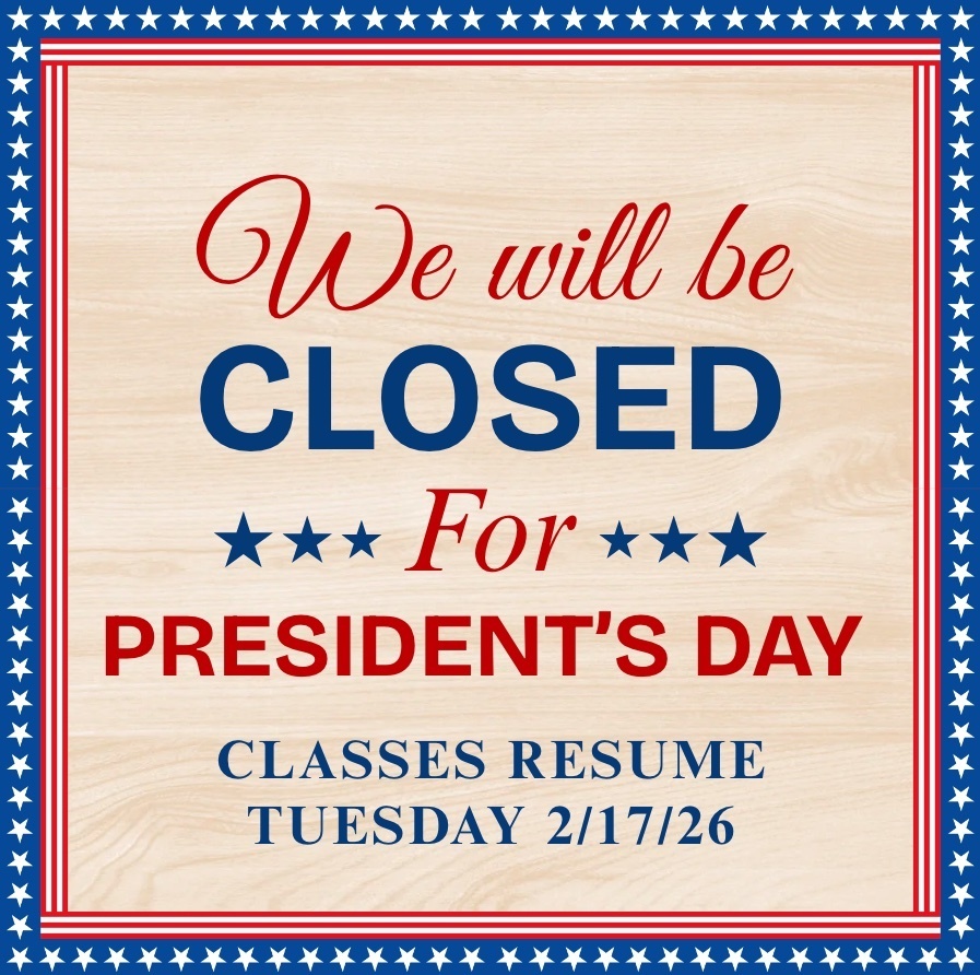 tan banner with blue and red border. Red and blue writing that says closed