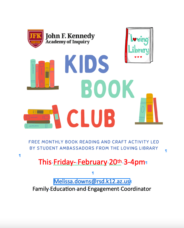 Kids Book Club February 20th 3-4pm. Letters and pictures of books in blue, green and red.