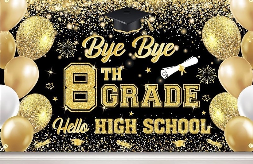 A black and gold graduation-themed banner with gold balloons, glitter, fireworks, and a graduation cap and diploma. The text reads: “Bye Bye 8th Grade, Hello High School.”