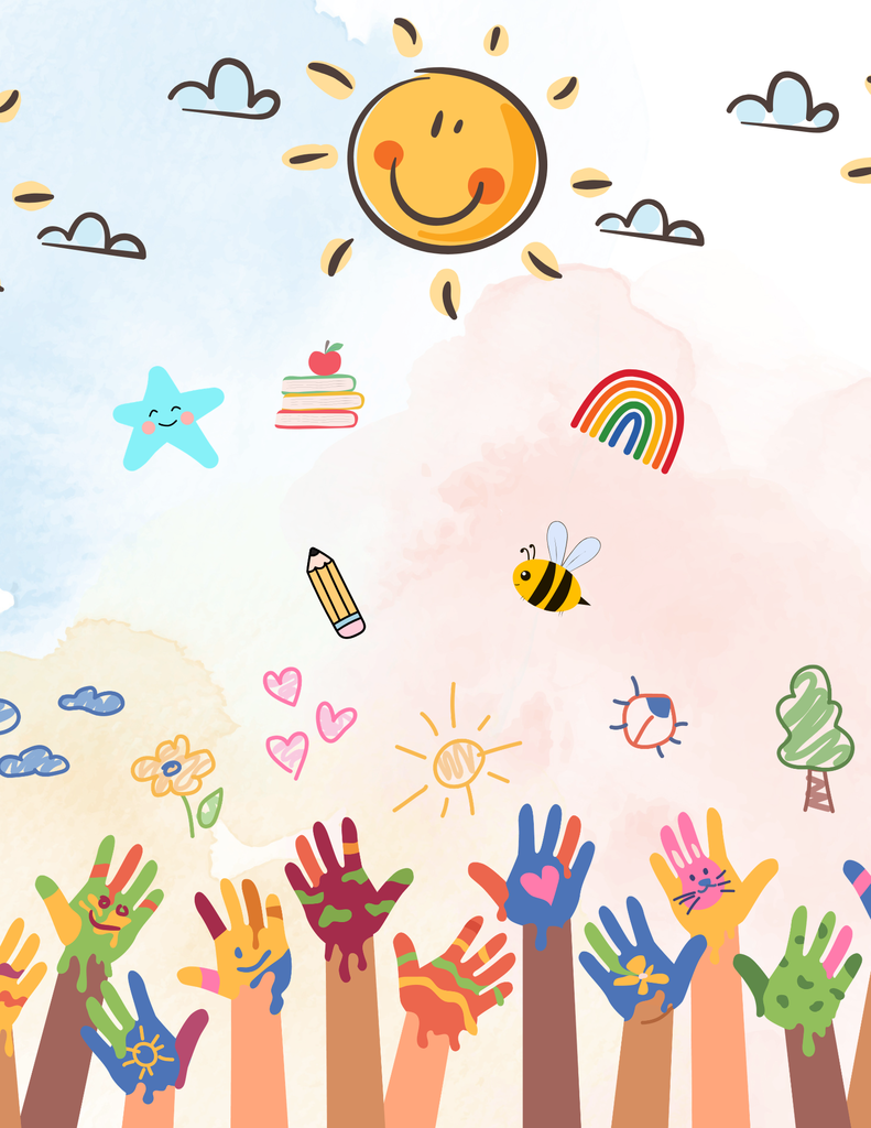 Children's painted hands reaching for the sky