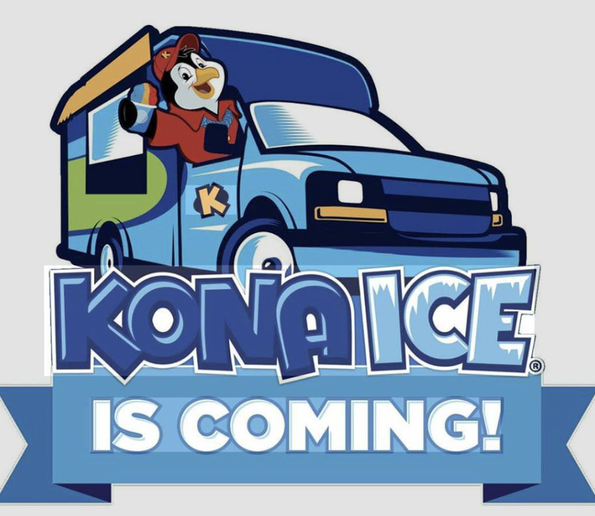 An illustration of a penguin driving a truck with the words "Kona Ice is Coming!"
