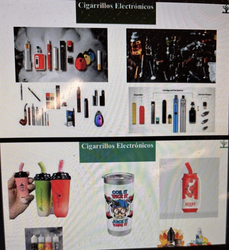 vaping items, smoke, key vapes, cups. 