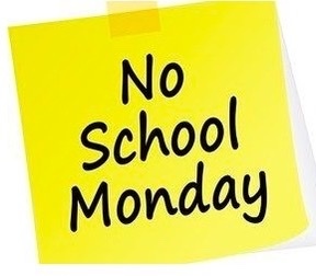 Yellow square animated sticky note with NO SCHOOL MONDAY messsage 