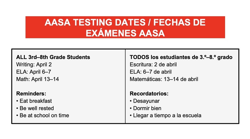 AASA Testing Schedule 