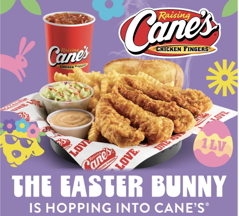 Raising Canes Logo and Image of Food - The Easter Bunny is hopping into Canes
