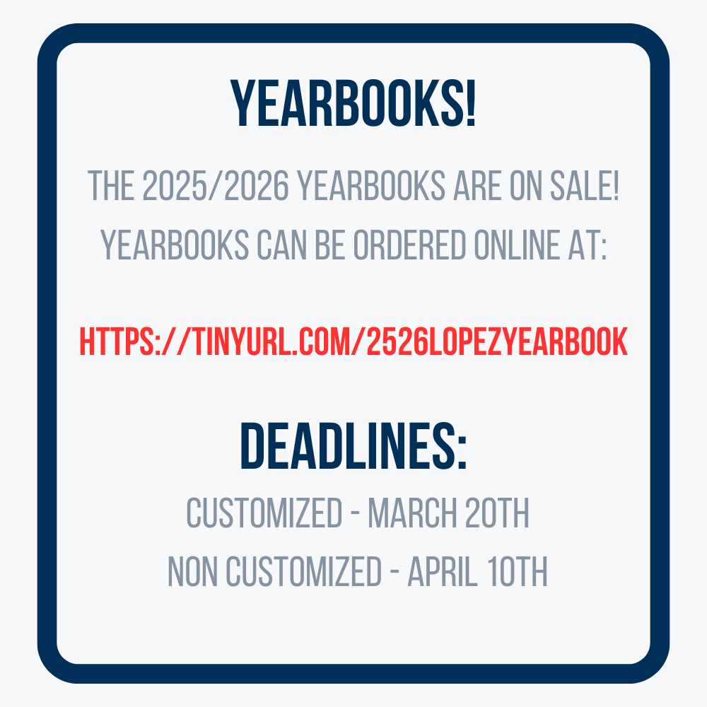 Yearbook school announcement ordering information. Deadlines March 20th and April 10th.