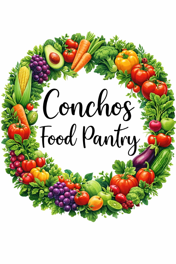A wreath made of vegetables and fruit with the words Conchos Food Pantry in the middle 