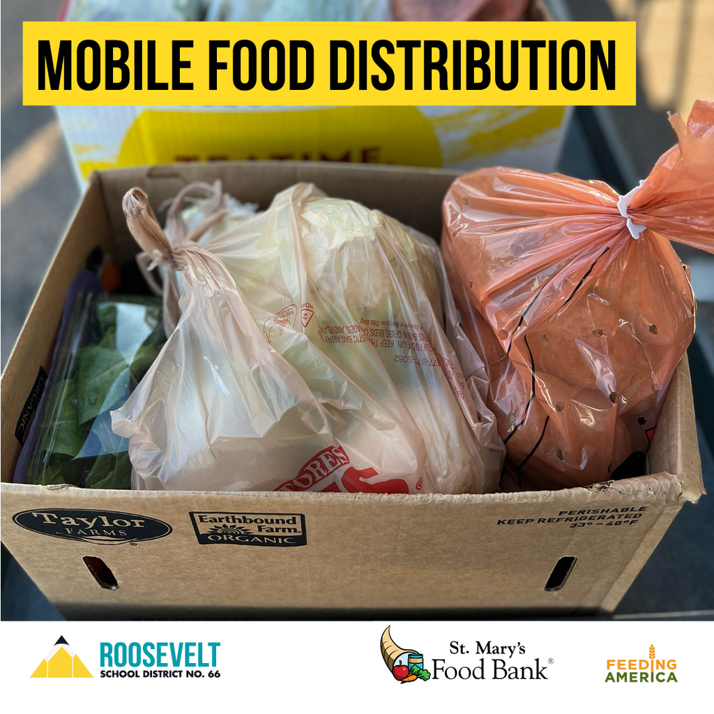 : A cardboard box filled with bagged groceries, including produce and packaged food, is shown for a mobile food distribution program. The image includes a banner reading “Mobile Food Distribution” and logos for Roosevelt School District No. 66, St. Mary’s Food Bank, and Feeding America.