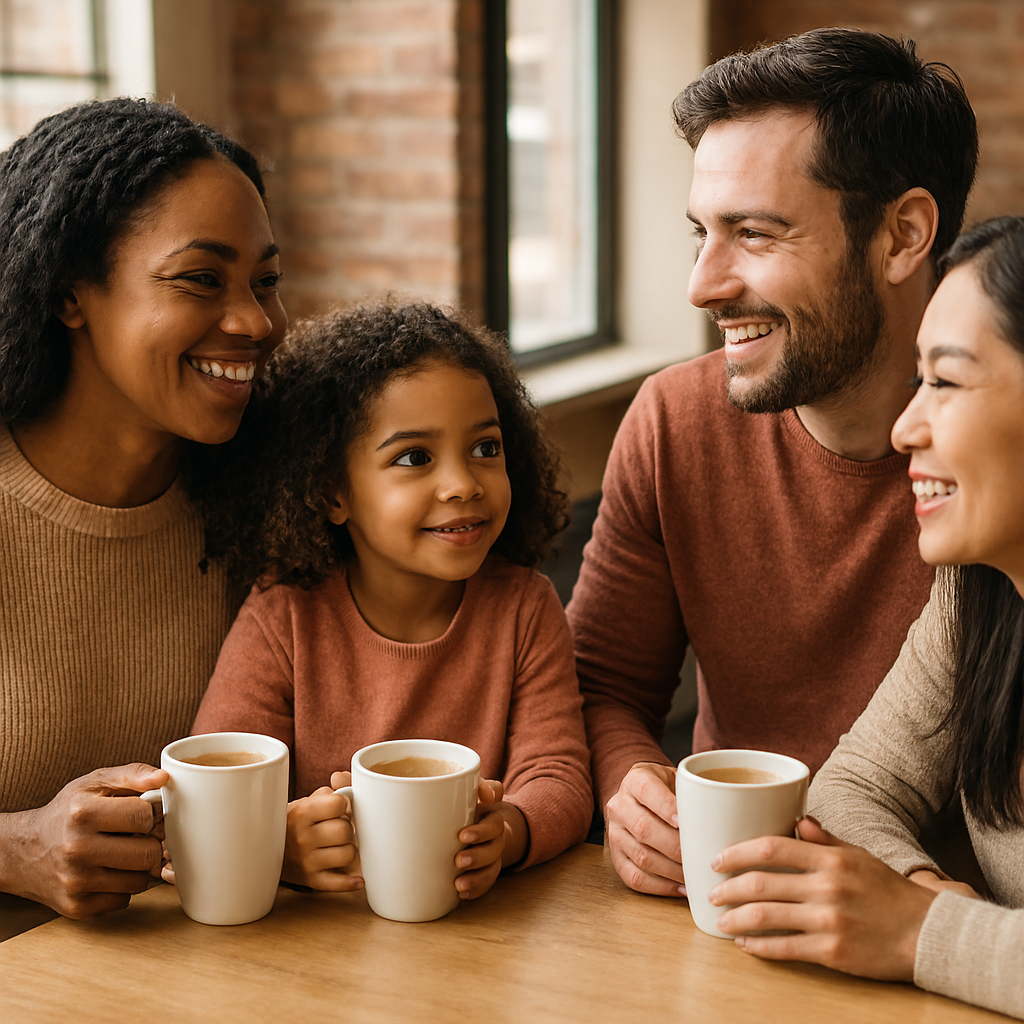 Families and small child chatting and having coffee together