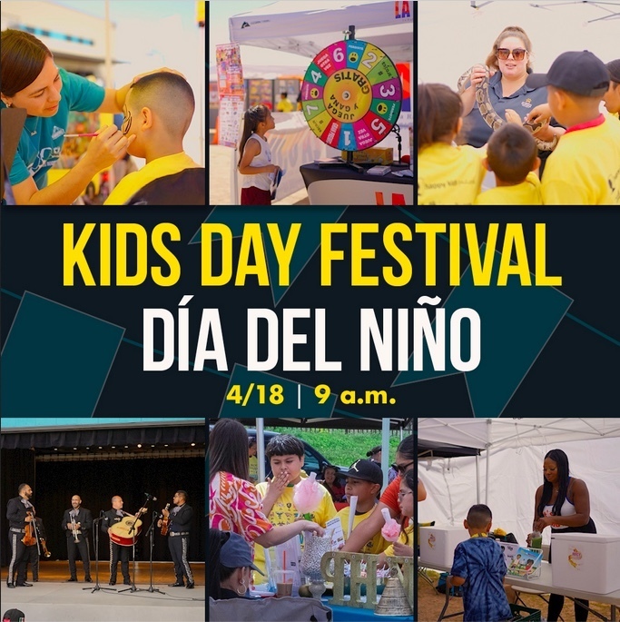 pictures of families  enjoying kids day celebrations. mariachis, spinning wheels, face painting and other fun activities. Date April 18, 9:00am to 1:00pm