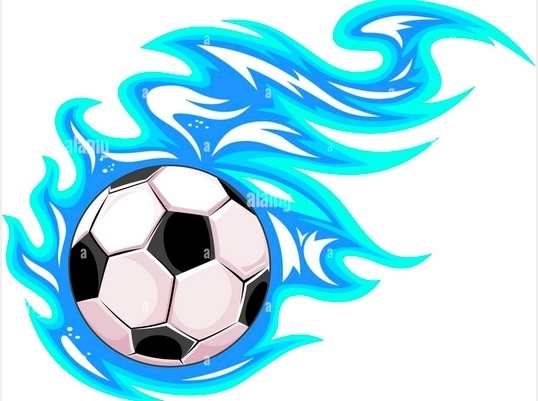 Animated Black and White soccer ball in teal blue, baby blue and white flames