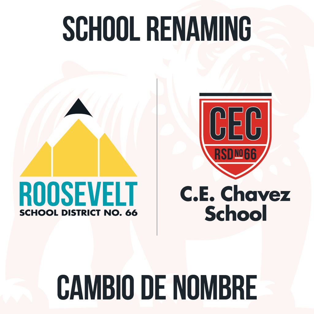A graphic that with the Roosevelt and Chavez logos between the words "School Renaming" and "Cambio de Nombre"