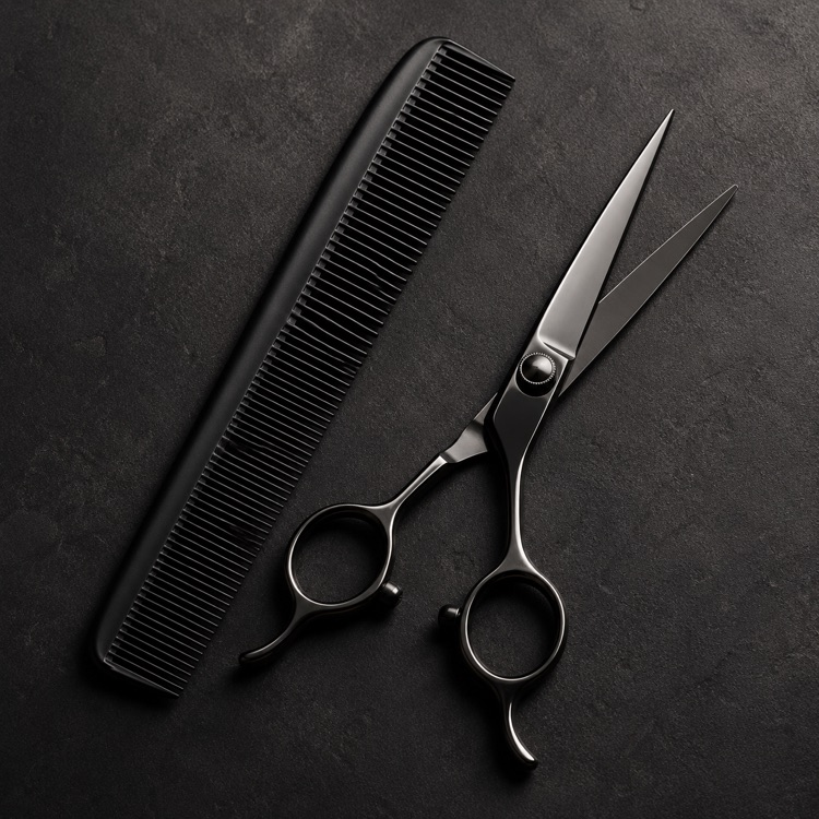 A pair of scissors and a comb used by a barber