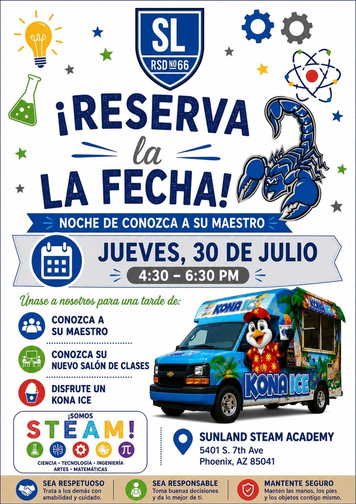 At the top of the flyer is the school's blue and white "SL RSD No. 66" crest, followed by large bold blue text that reads "Save the Date!" Beneath it is a banner that says "Meet the Teacher Night." The flyer features a large blue scorpion mascot on the right side, surrounded by colorful STEAM-themed graphics including a light bulb, beaker, gears, stars, and an atom symbol. The event details are displayed prominently: Thursday, July 30 4:30–6:30 p.m.