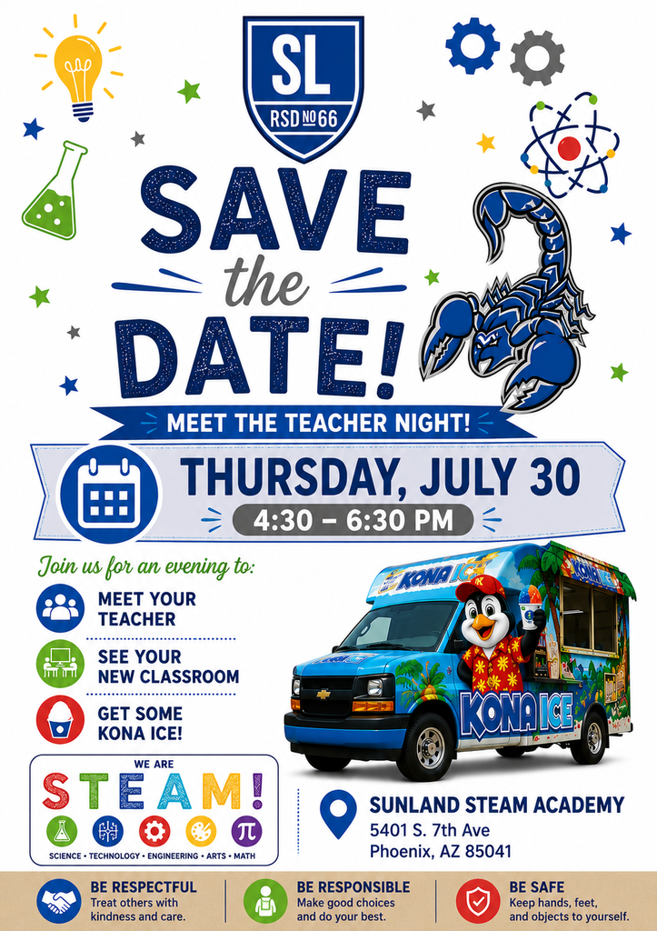 At the top of the flyer is the school's blue and white "SL RSD No. 66" crest, followed by large bold blue text that reads "Save the Date!" Beneath it is a banner that says "Meet the Teacher Night." The flyer features a large blue scorpion mascot on the right side, surrounded by colorful STEAM-themed graphics including a light bulb, beaker, gears, stars, and an atom symbol. The event details are displayed prominently: Thursday, July 30 4:30–6:30 p.m.