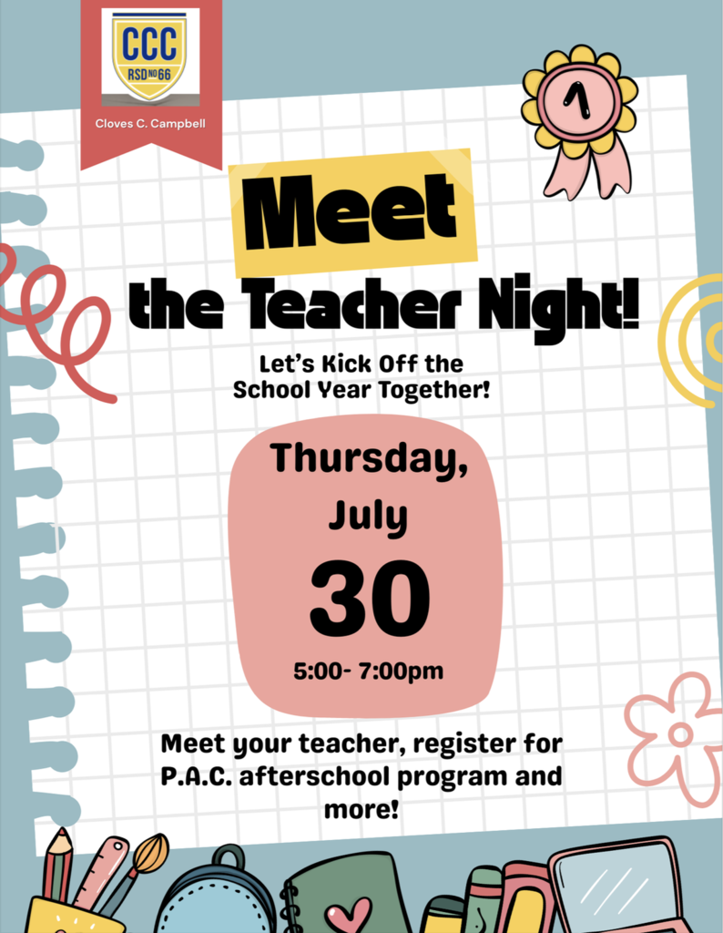 Join us for meet the teacher night! Thursday, July 30th from 5:00 -7:00 pm!