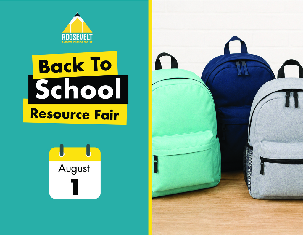 graphic with a picture of backpacks. and text that says back to school resource fair