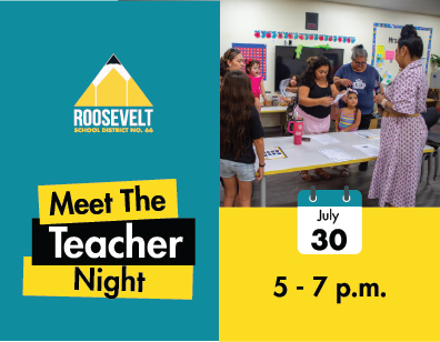 square image of a graphic with the text Meet the Teacher Night. There is an image of a teacher in a classroom