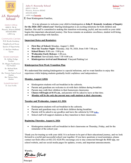 Welcome Back Kinder Information Letter