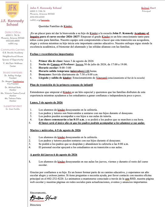 Welcome Back Kinder Information Letter