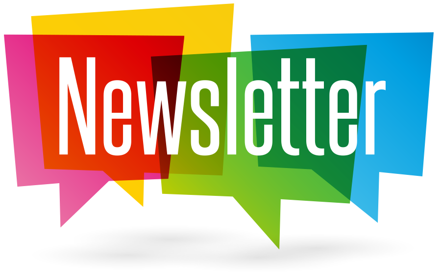 Colorful overlapping speech bubbles in pink, orange, yellow, green, and blue with the word "Newsletter" displayed prominently in large white letters across the center on a light gray background.